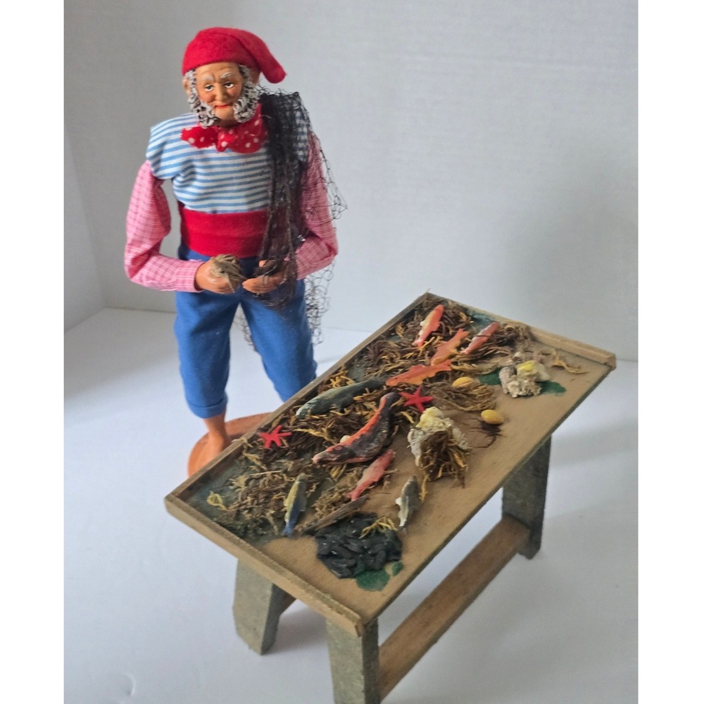 Vintage French Santon de Provence Dressed Fisherman with Fish Market Stall Set